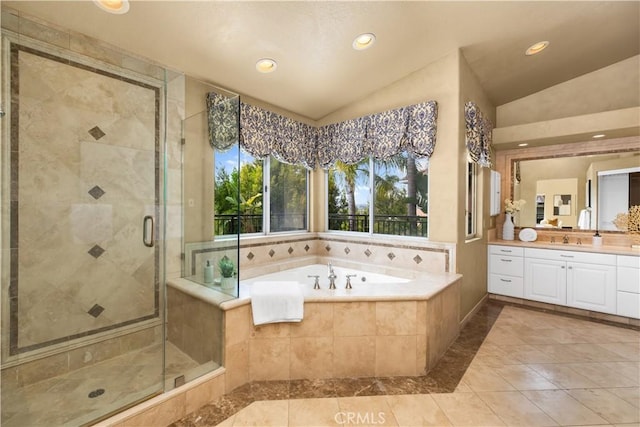21620 Brisbane Way, Yorba Linda, CA 92887 - bathroom featuring vanity, a garden tub, recessed lighting, a shower stall, and vaulted ceiling