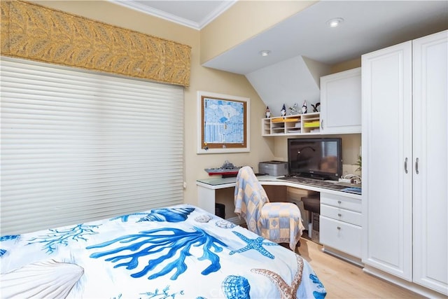 21620 Brisbane Way, Yorba Linda, CA 92887 - bedroom with crown molding, light wood-type flooring, built in desk, and recessed lighting
