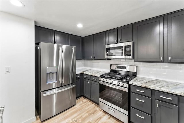 5401 Zelzah Ave Unit 114, Encino, CA 91316 - kitchen with appliances with stainless steel finishes, light stone countertops, decorative backsplash, light wood-type flooring, and recessed lighting
