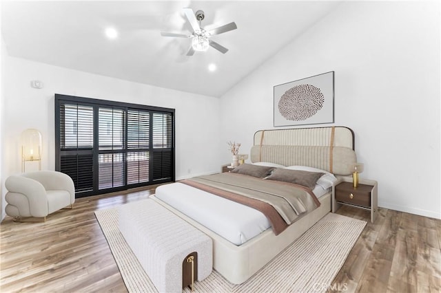 5401 Zelzah Ave Unit 114, Encino, CA 91316 - bedroom featuring light wood-style floors, a ceiling fan, recessed lighting, and high vaulted ceiling
