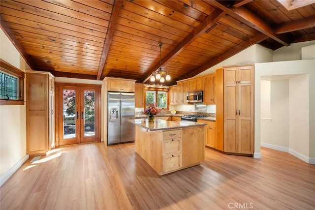 2056 Sierra Way, San Luis Obispo, CA 93401 - kitchen with appliances with stainless steel finishes, light brown cabinets, light wood-style flooring, a center island, and a wooden ceiling with exposed beams