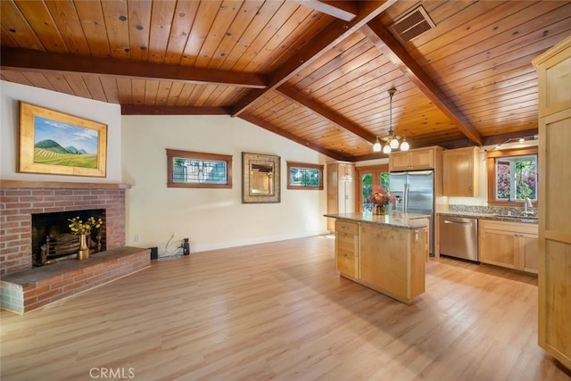 2056 Sierra Way, San Luis Obispo, CA 93401 - kitchen featuring stainless steel appliances, light brown cabinets, a center island, wooden ceiling, and open floor plan