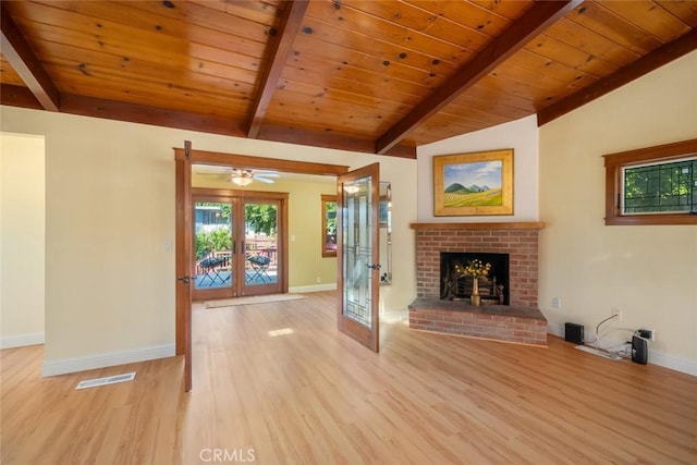 2056 Sierra Way, San Luis Obispo, CA 93401 - unfurnished living room featuring light wood finished floors, wooden ceiling, a brick fireplace, and a ceiling fan