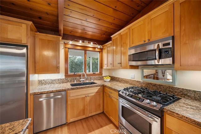 2056 Sierra Way, San Luis Obispo, CA 93401 - kitchen featuring stainless steel appliances, light wood-style floors, wooden ceiling, light stone counters, and light brown cabinets