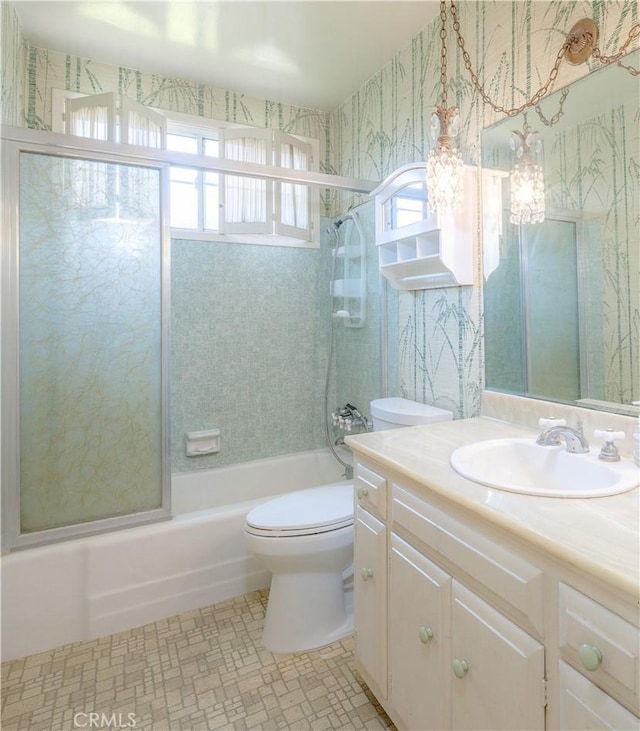5361 Ludlow Ave, Garden Grove, CA 92845 - bathroom with combined bath / shower with glass door, vanity, and a chandelier