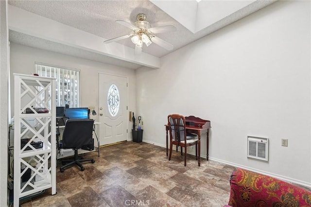1181 Oakmont Rd Unit 197H, Seal Beach, CA 90740 - foyer entrance with ceiling fan, stone finish floors, heating unit, and a textured ceiling