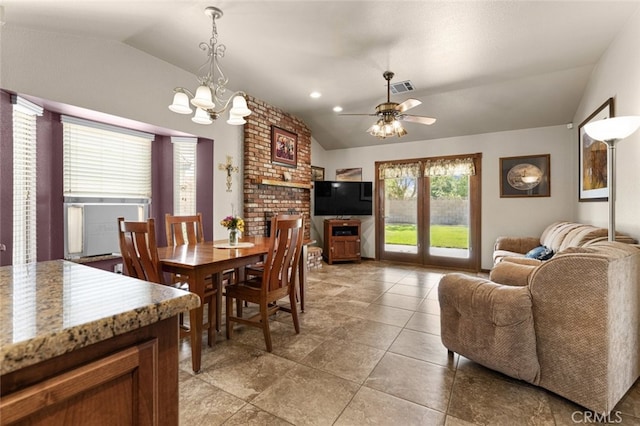 43419 37th St W, Lancaster, CA 93536 - dining area featuring vaulted ceiling, a chandelier, and ceiling fan