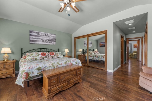 43419 37th St W, Lancaster, CA 93536 - bedroom featuring vaulted ceiling, wood finished floors, a closet, and a ceiling fan