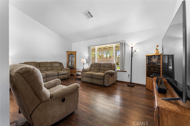 43419 37th St W, Lancaster, CA 93536 - living room featuring lofted ceiling and dark wood-style floors