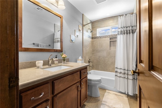 43419 37th St W, Lancaster, CA 93536 - full bath with vanity, shower / bath combo, tile patterned floors, and a textured wall