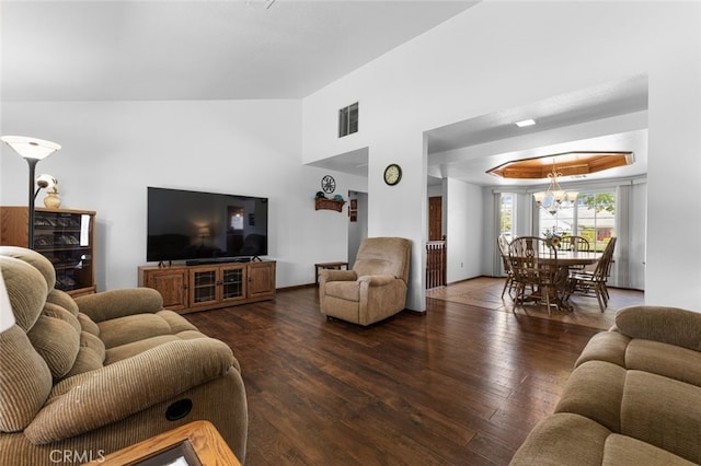 43419 37th St W, Lancaster, CA 93536 - living area featuring wood finished floors, a chandelier, and lofted ceiling
