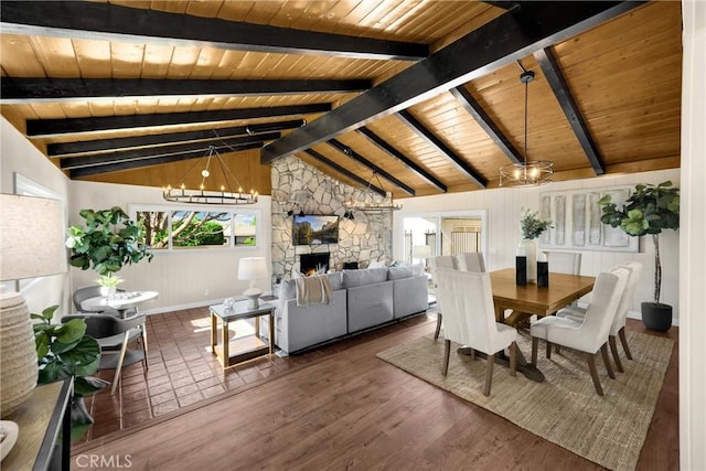 229 W Hacienda Dr, Corona, CA 92882 - dining area featuring a chandelier, wooden ceiling, wood finished floors, and a stone fireplace