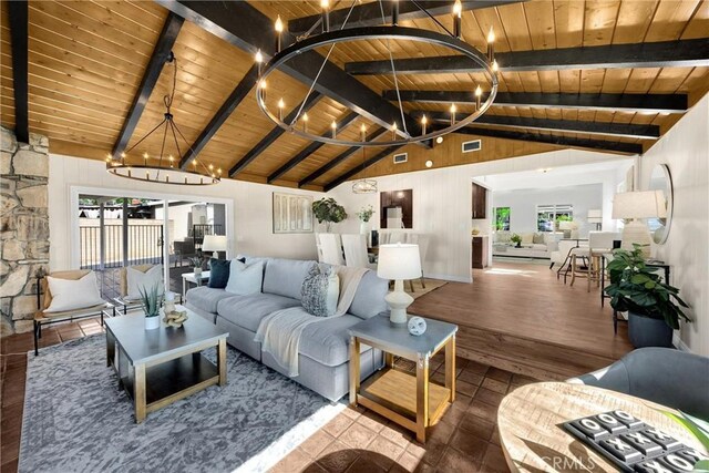 229 W Hacienda Dr, Corona, CA 92882 - living room featuring wooden ceiling and a chandelier