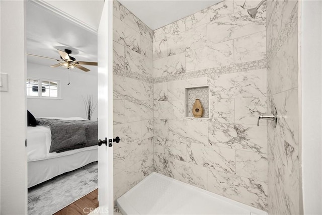 229 W Hacienda Dr, Corona, CA 92882 - ensuite bathroom with a ceiling fan, a shower stall, and wood finished floors