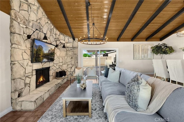 229 W Hacienda Dr, Corona, CA 92882 - tiled living room with wood ceiling, a chandelier, and a fireplace