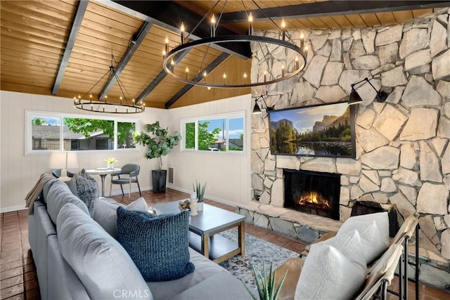 229 W Hacienda Dr, Corona, CA 92882 - living area featuring a chandelier, wooden ceiling, and a fireplace