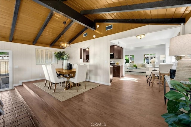 229 W Hacienda Dr, Corona, CA 92882 - dining area featuring wood finished floors, wooden ceiling, healthy amount of natural light, a chandelier, and wood walls