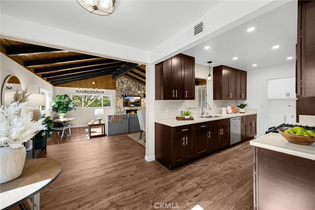 229 W Hacienda Dr, Corona, CA 92882 - kitchen featuring stainless steel dishwasher, dark brown cabinets, wood finished floors, light countertops, and open floor plan