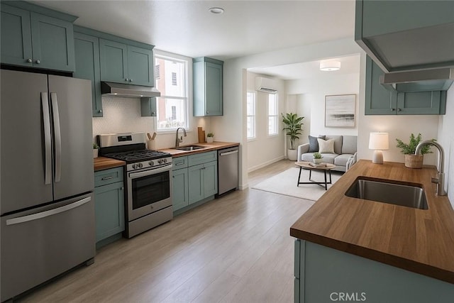2716 W 54th St, Los Angeles, CA 90043 - kitchen with stainless steel appliances, wooden counters, an AC wall unit, under cabinet range hood, and light wood-type flooring