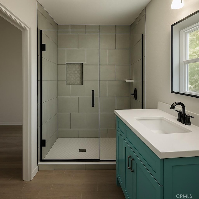 2716 W 54th St, Los Angeles, CA 90043 - bathroom featuring wood finished floors, a stall shower, and vanity