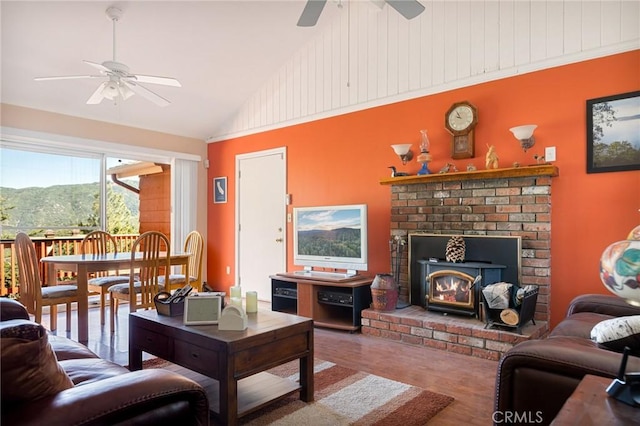 30400 Live Oak Dr, Running Springs, CA 92382 - living room featuring ceiling fan, wood finished floors, and high vaulted ceiling