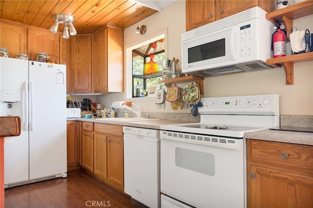30400 Live Oak Dr, Running Springs, CA 92382 - kitchen featuring white appliances, wood ceiling, light countertops, dark wood-style flooring, and open shelves