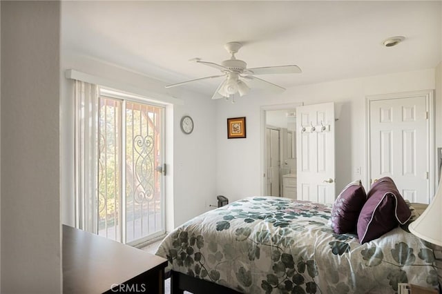 30400 Live Oak Dr, Running Springs, CA 92382 - bedroom featuring access to exterior and ceiling fan