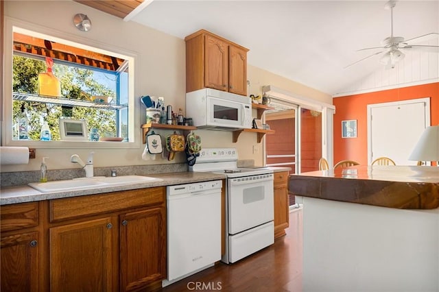 30400 Live Oak Dr, Running Springs, CA 92382 - kitchen with white appliances, lofted ceiling, open shelves, ceiling fan, and dark wood finished floors