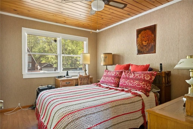 30400 Live Oak Dr, Running Springs, CA 92382 - bedroom with crown molding, wood finished floors, wood ceiling, and ceiling fan