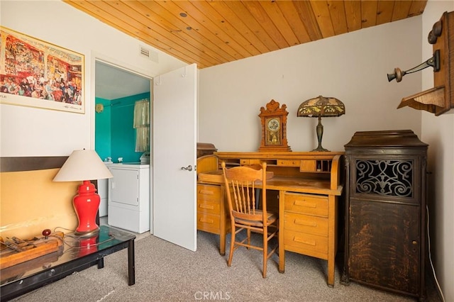 30400 Live Oak Dr, Running Springs, CA 92382 - office area featuring washer and clothes dryer, carpet floors, and wooden ceiling