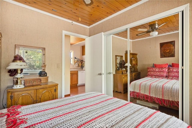 30400 Live Oak Dr, Running Springs, CA 92382 - bedroom with ornamental molding, wooden ceiling, and a ceiling fan