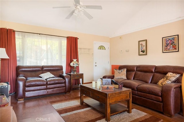 30400 Live Oak Dr, Running Springs, CA 92382 - living room featuring vaulted ceiling, wood finished floors, and a ceiling fan