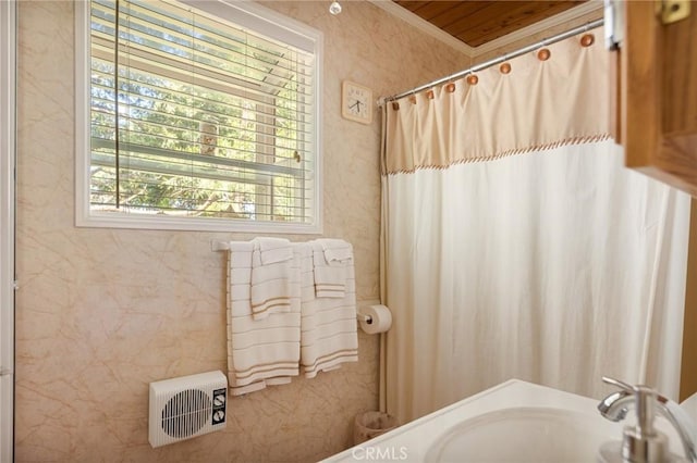 30400 Live Oak Dr, Running Springs, CA 92382 - full bath featuring ornamental molding and curtained shower