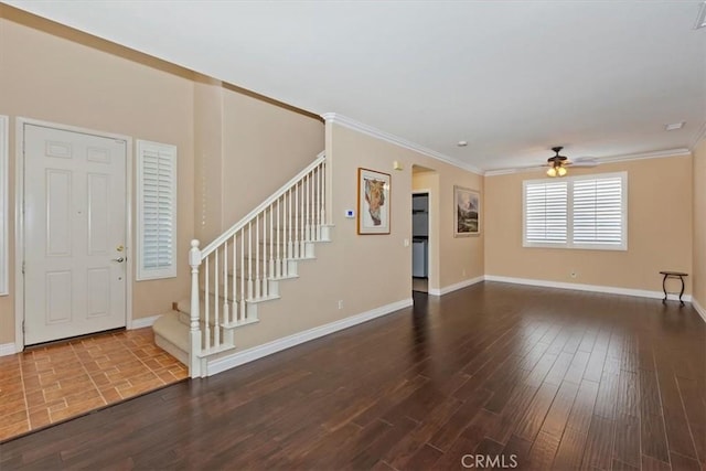 7509 Woodstream Ct, Rancho Cucamonga, CA 91739 - unfurnished living room featuring wood finished floors, stairway, ceiling fan, and ornamental molding