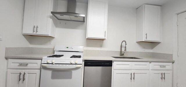 3222 42nd St, San Diego, CA 92105 - kitchen featuring white gas range oven, wall chimney exhaust hood, dishwasher, and white cabinets