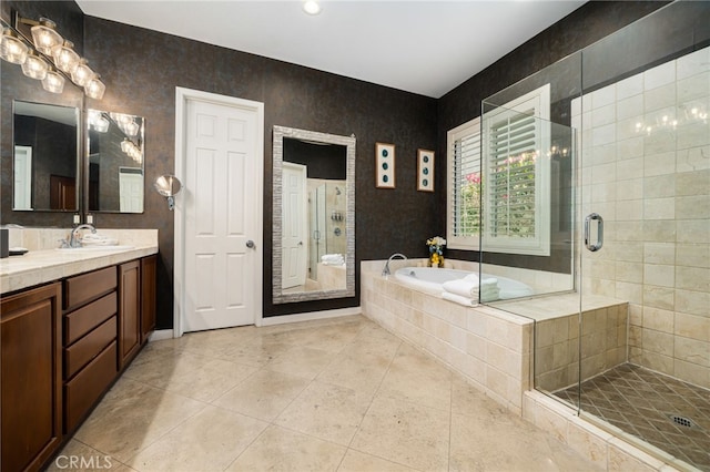 43875 Spiaggia Pl, Indio, CA 92203 - bathroom featuring vanity, a garden tub, a stall shower, and tile patterned floors