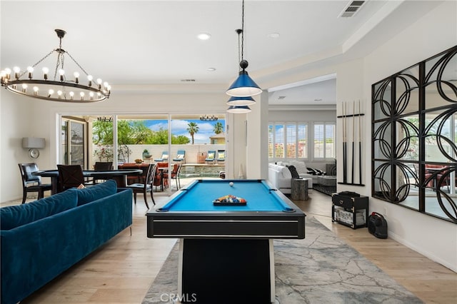 43875 Spiaggia Pl, Indio, CA 92203 - playroom featuring a chandelier, light wood finished floors, billiards table, and recessed lighting