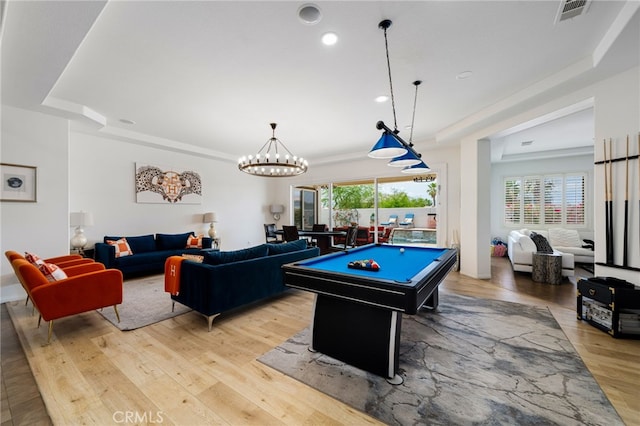 43875 Spiaggia Pl, Indio, CA 92203 - rec room with a raised ceiling, light wood-style flooring, billiards, recessed lighting, and a chandelier