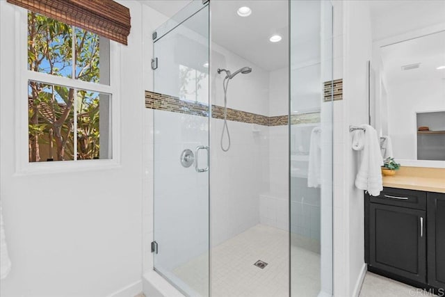 7147 Sitio Bahia, Carlsbad, CA 92009 - full bathroom featuring a shower stall, vanity, and recessed lighting
