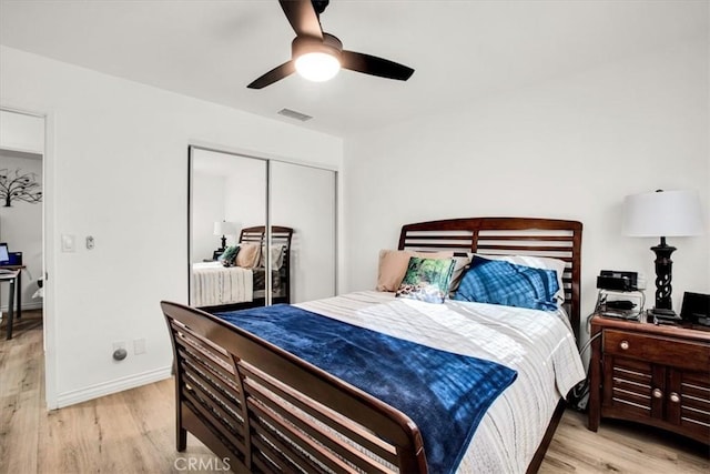 7227 Sherman Hoyt Ave Unit 29, Palms, CA 92277 - bedroom with light wood-type flooring, a closet, an office area, and a ceiling fan
