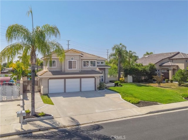 30528 Covecrest Cir, Menifee, CA 92584 - view of front of home featuring stucco siding, a garage, driveway, a tiled roof, and a gate