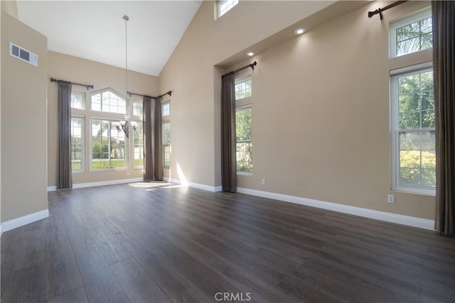 30528 Covecrest Cir, Menifee, CA 92584 - unfurnished room featuring dark wood-style flooring, high vaulted ceiling, and recessed lighting