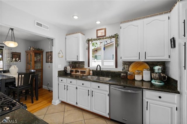 708 S Vecino Dr, Glendora, CA 91740 - kitchen with dishwasher, white cabinetry, dark stone countertops, and recessed lighting