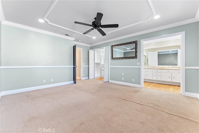 25 Westbrook Ln, Pomona, CA 91766 - unfurnished bedroom featuring light colored carpet, ornamental molding, connected bathroom, recessed lighting, and ceiling fan