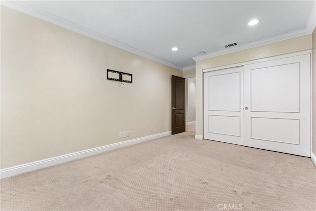 25 Westbrook Ln, Pomona, CA 91766 - unfurnished bedroom featuring light colored carpet, crown molding, a closet, and recessed lighting