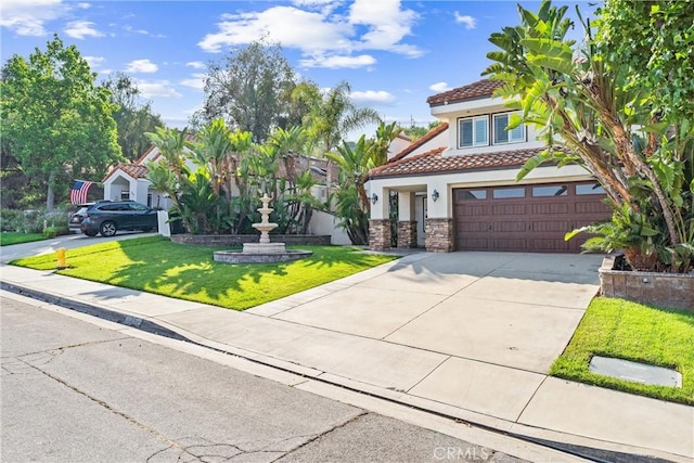 25 Westbrook Ln, Pomona, CA 91766 - mediterranean / spanish house with a tiled roof, a front lawn, driveway, stucco siding, and stone siding