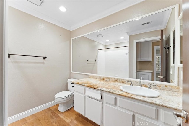 25 Westbrook Ln, Pomona, CA 91766 - bathroom featuring ornamental molding, wood finished floors, vanity, a shower, and recessed lighting