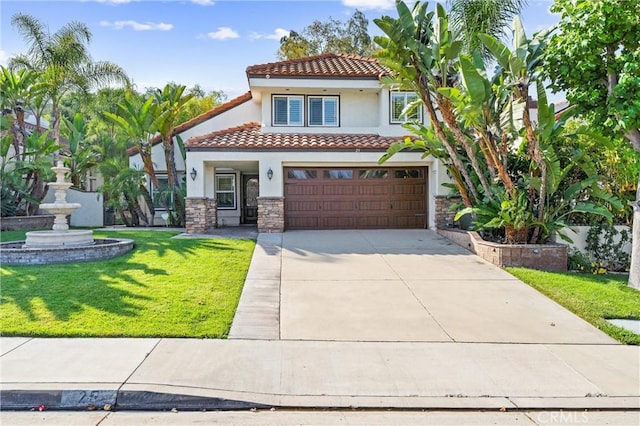 25 Westbrook Ln, Pomona, CA 91766 - mediterranean / spanish-style home featuring a tiled roof, stucco siding, stone siding, driveway, and a garage