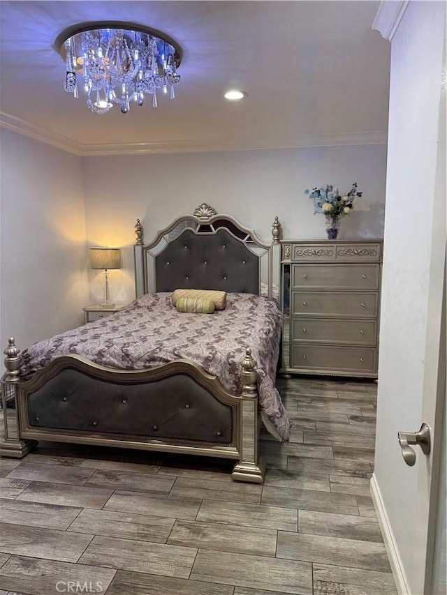 237 E 57th St, Long Beach, CA 90805 - bedroom with wood finished floors, ornamental molding, a chandelier, and recessed lighting