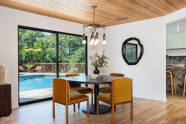 808 Inverness Dr, La Canada Flintridge, CA 91011 - dining room featuring a chandelier, wood ceiling, and light wood-type flooring